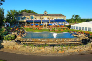 drone shot of tent and saratoga national